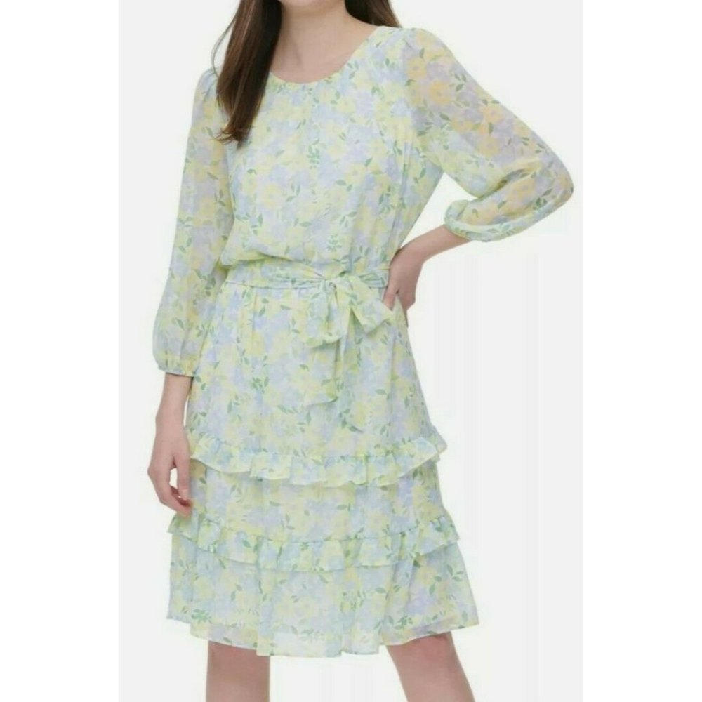 Calvin Klein Floral Print Dress Size XL  Waist Tie NWT $139 Lined Tiered Ruffles